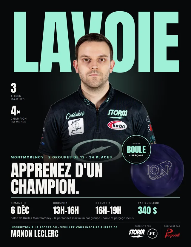 French flyer for the Dec 6 clinic with François Lavoie at Salon de Quilles Montmorency, Québec City